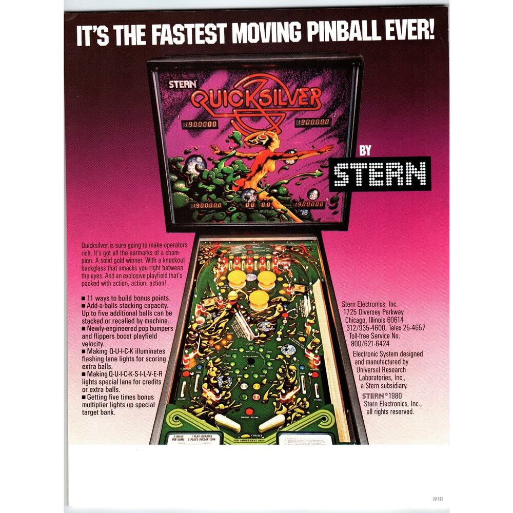 1980 Stern Quicksilver Pinball Machine Original Promo Flyer Vintage USA
